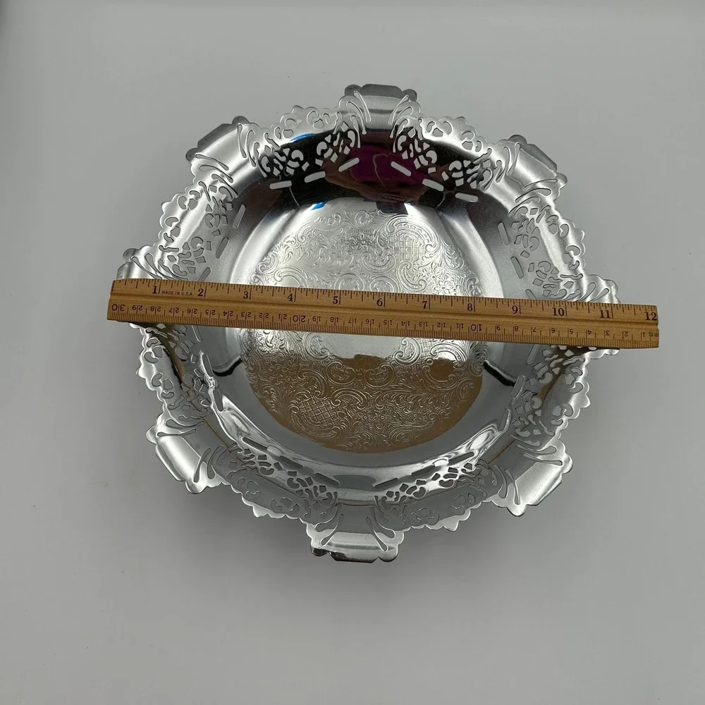 Farber Bros Krome Kraft Silver Bowl Pierced Filigree Etched Vintage 11.5in Dish